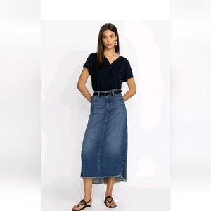 Johnny Was Vienna Maxi Skirt High Low Denim Blue Fringe Hem Size 26
